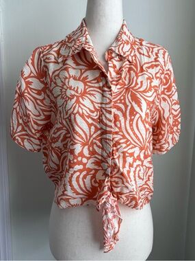 Joie Orange & White Floral Tie-Front Blouse button up size XS semi cropped